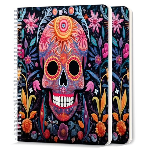 Spiral Notebook,College Ruled Journal,8.26" x 5.71" 50 Sheets/100 Pages,2 Pack - Vibrant And Colorful Mexican Skull Surrounded By Blooming Flowers