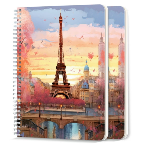 Spiral Notebook,College Ruled Journal,8.26" x 5.71" 50 Sheets/100 Pages,2 Pack - Vibrant Digital Painting of The Eiffel tower in Paris