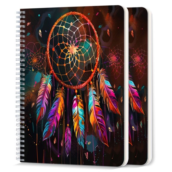 Spiral Notebook,College Ruled Journal,8.26" x 5.71" 50 Sheets/100 Pages,2 Pack - Vibrant Dreamcatcher With Feathers Vector Illustration