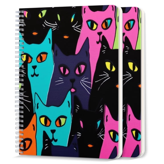 Spiral Notebook,College Ruled Journal,8.26" x 5.71" 50 Sheets/100 Pages,2 Pack - Vibrant Pattern of Neon-Colored Cats With Large Eyes