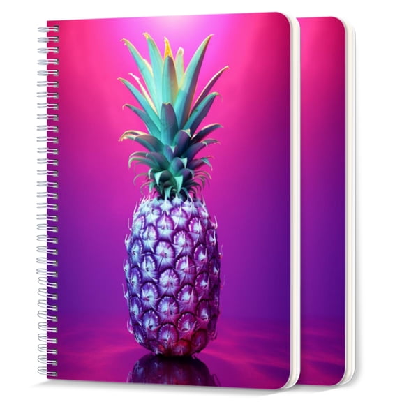 Spiral Notebook,College Ruled Journal,8.26" x 5.71" 50 Sheets/100 Pages,2 Pack - Vibrant Pineapple With Neon Purple Background