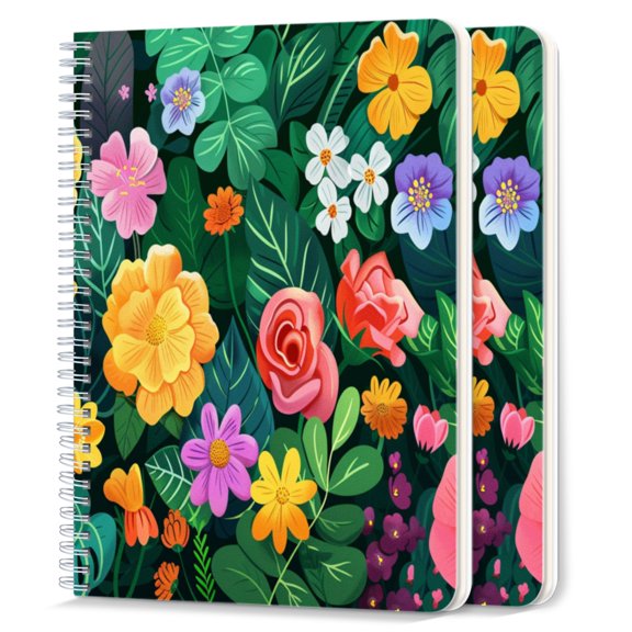 Spiral Notebook,College Ruled Journal,8.26" x 5.71" 50 Sheets/100 Pages,2 Pack - Vibrant Vector Illustration of Various Flowers And Leaves