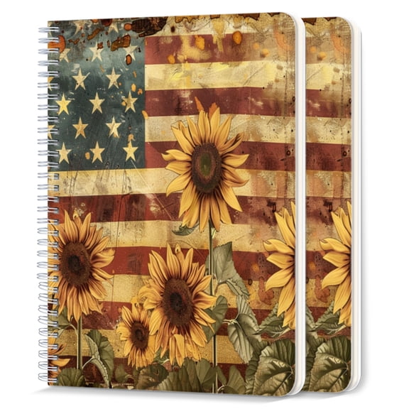 Spiral Notebook,College Ruled Journal,8.26" x 5.71" 50 Sheets/100 Pages,2 Pack - Vintage American Flag With Sunflowers in The Foreground