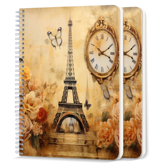 Spiral Notebook,College Ruled Journal,8.26" x 5.71" 50 Sheets/100 Pages,2 Pack - Vintage Eiffel tower With Roses And Butterflies
