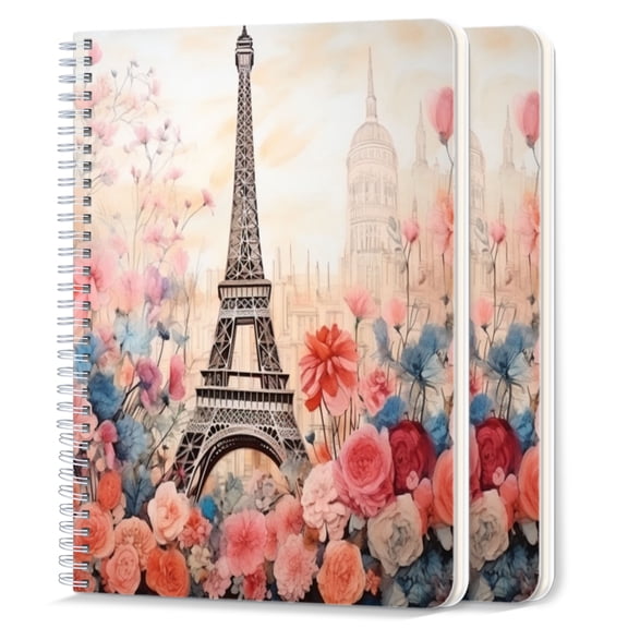 Spiral Notebook,College Ruled Journal,8.26" x 5.71" 50 Sheets/100 Pages,2 Pack - Watercolor Eiffel tower With Butterfly Rose