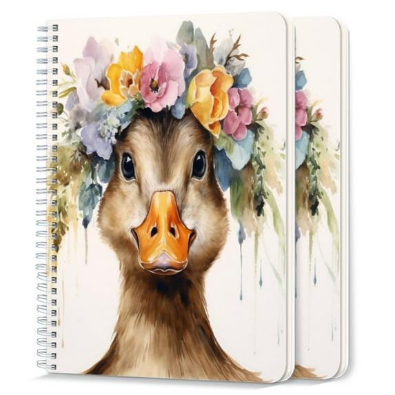 Spiral Notebook,College Ruled Journal,8.26" x 5.71" 50 Sheets/100 Pages,2 Pack - Watercolor Painting of Cute Duck With Flower Crown