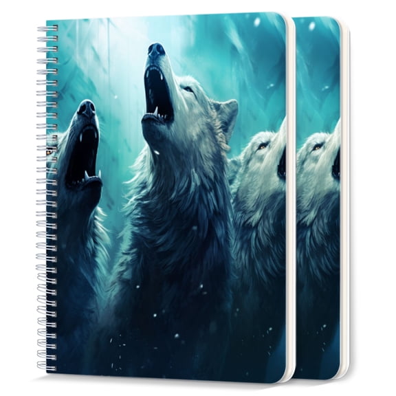 Spiral Notebook,College Ruled Journal,8.26" x 5.71" 50 Sheets/100 Pages,2 Pack - White Wolves Howling in The Style of Fantasy Art