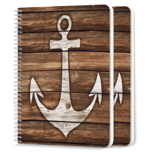 Spiral Notebook,College Ruled Journal,8.26" x 5.71" 50 Sheets/100 Pages,2 Pack - Wooden Background With White Nautical Anchor in Rustic Style