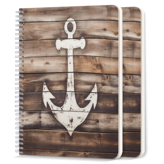 Spiral Notebook,College Ruled Journal,8.26" x 5.71" 50 Sheets/100 Pages,2 Pack - Wooden Background With White Nautical Anchor