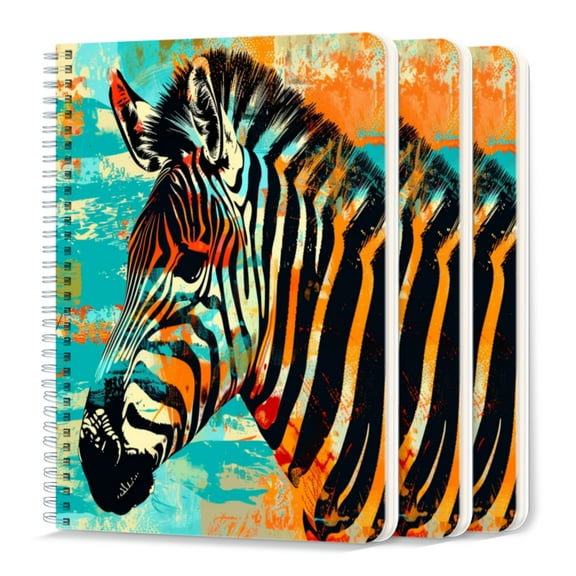 Spiral Notebook,College Ruled Journal,8.26" x 5.71" 50 Sheets/100 Pages,3 Pack - Abstract Pop Art Illustration of Zebra With Grunge Texture Background
