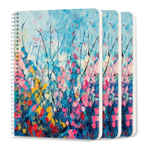 Spiral Notebook,College Ruled Journal,8.26" x 5.71" 50 Sheets/100 Pages,3 Pack - Abstract Spring Floral Landscape With Blue Sky And Yellow Blossoms