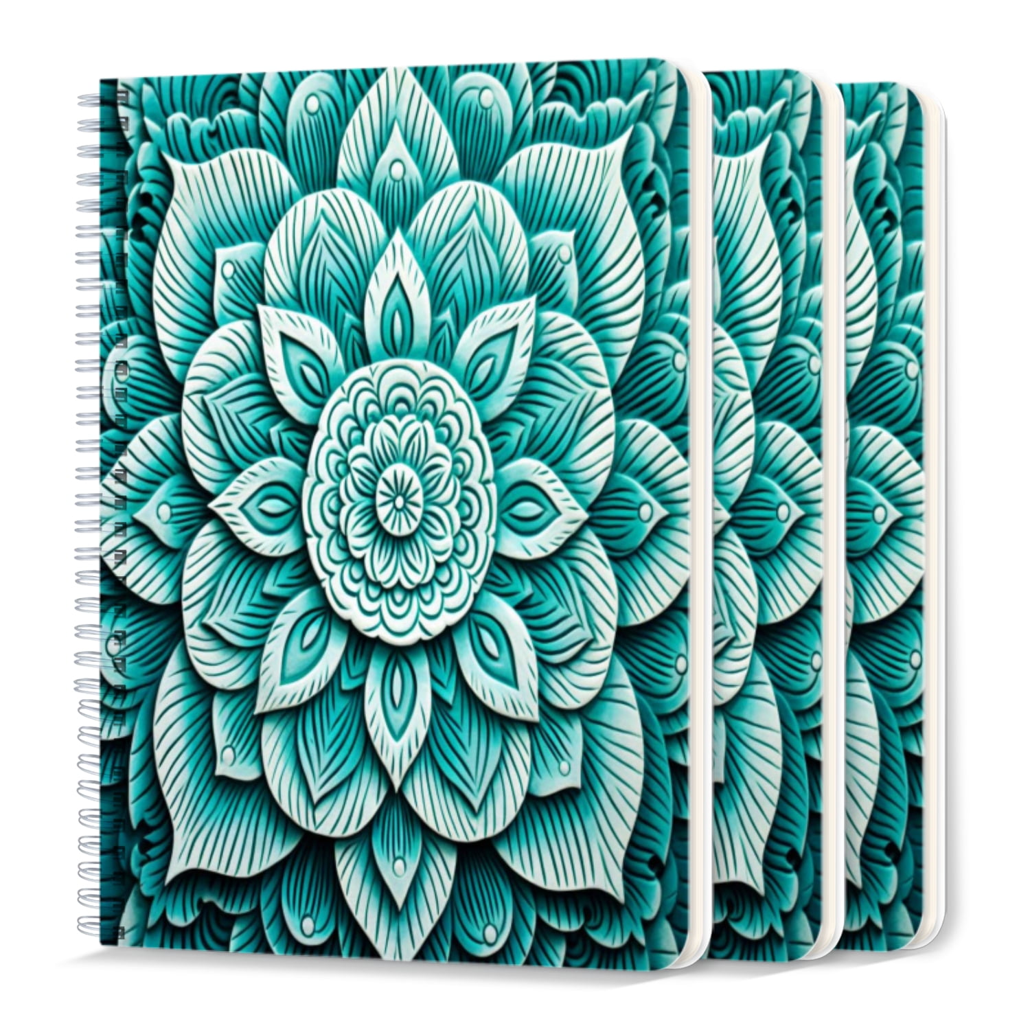 Spiral Notebook,College Ruled Journal,8.26" x 5.71" 50 Sheets/100 Pages,3 Pack - Beautiful Teal Lotus Mandala in The Style of Wood Carving
