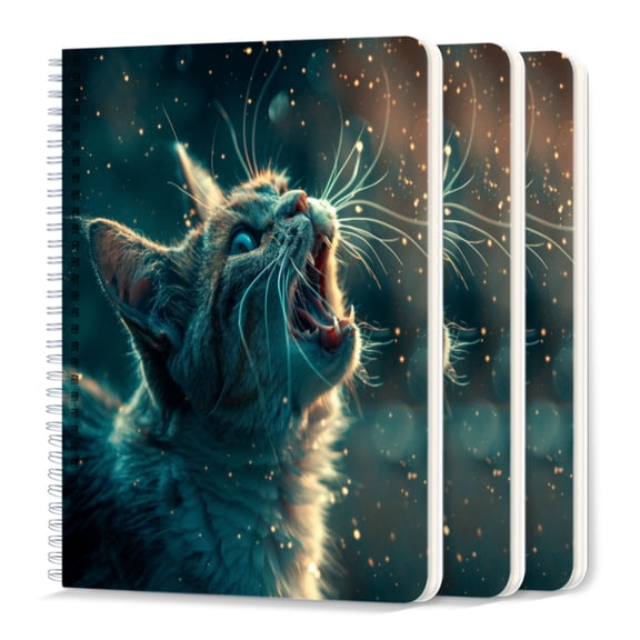 Spiral Notebook,College Ruled Journal,8.26" x 5.71" 50 Sheets/100 Pages,3 Pack - Cat With Mouth Open Surrounded By Glowing Particles