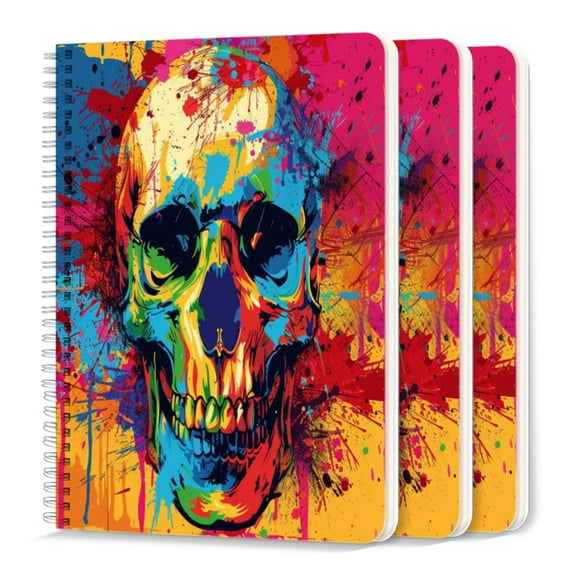 Spiral Notebook,College Ruled Journal,8.26" x 5.71" 50 Sheets/100 Pages,3 Pack - Colorful Skull Background Vector Design With Paint Splashes