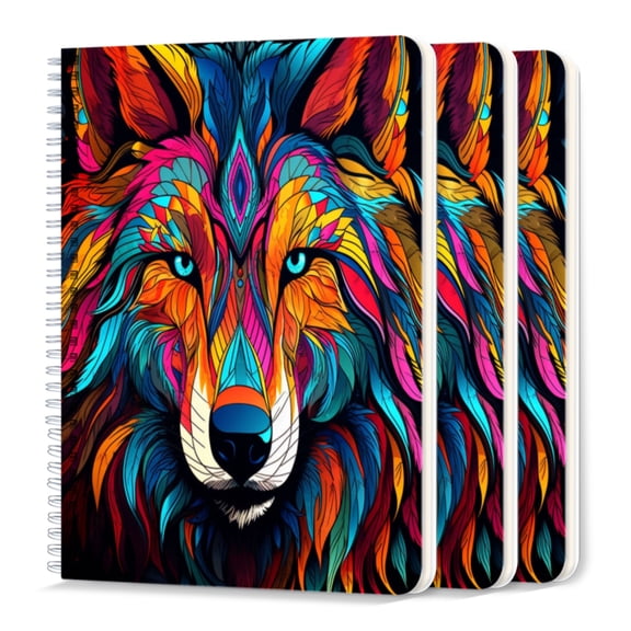 Spiral Notebook,College Ruled Journal,8.26" x 5.71" 50 Sheets/100 Pages,3 Pack - Colorful Wolf Face With Vector Illustration