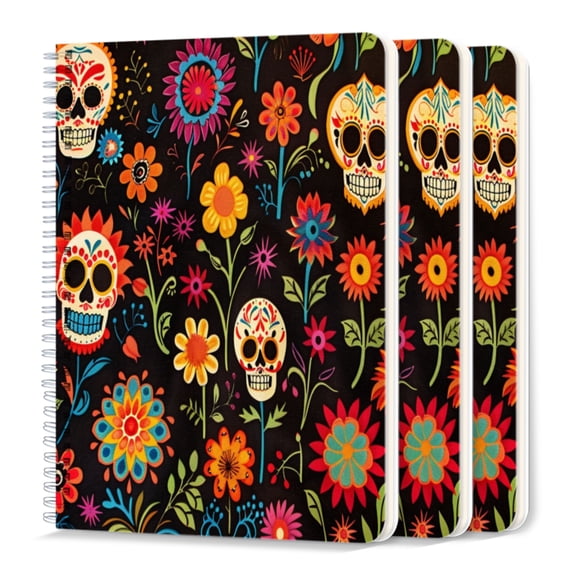 Spiral Notebook,College Ruled Journal,8.26" x 5.71" 50 Sheets/100 Pages,3 Pack - Day of The Dead Patterned Colorful Skulls And Flowers