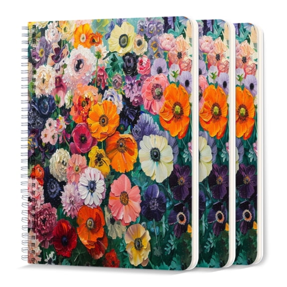 Spiral Notebook,College Ruled Journal,8.26" x 5.71" 50 Sheets/100 Pages,3 Pack - Oil Painting of Garden Full of Colorful Flowers Including Anemones And Peonie