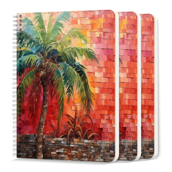 Spiral Notebook,College Ruled Journal,8.26" x 5.71" 50 Sheets/100 Pages,3 Pack - Palm Tree in Front of Orange And Red Mosaic Wall