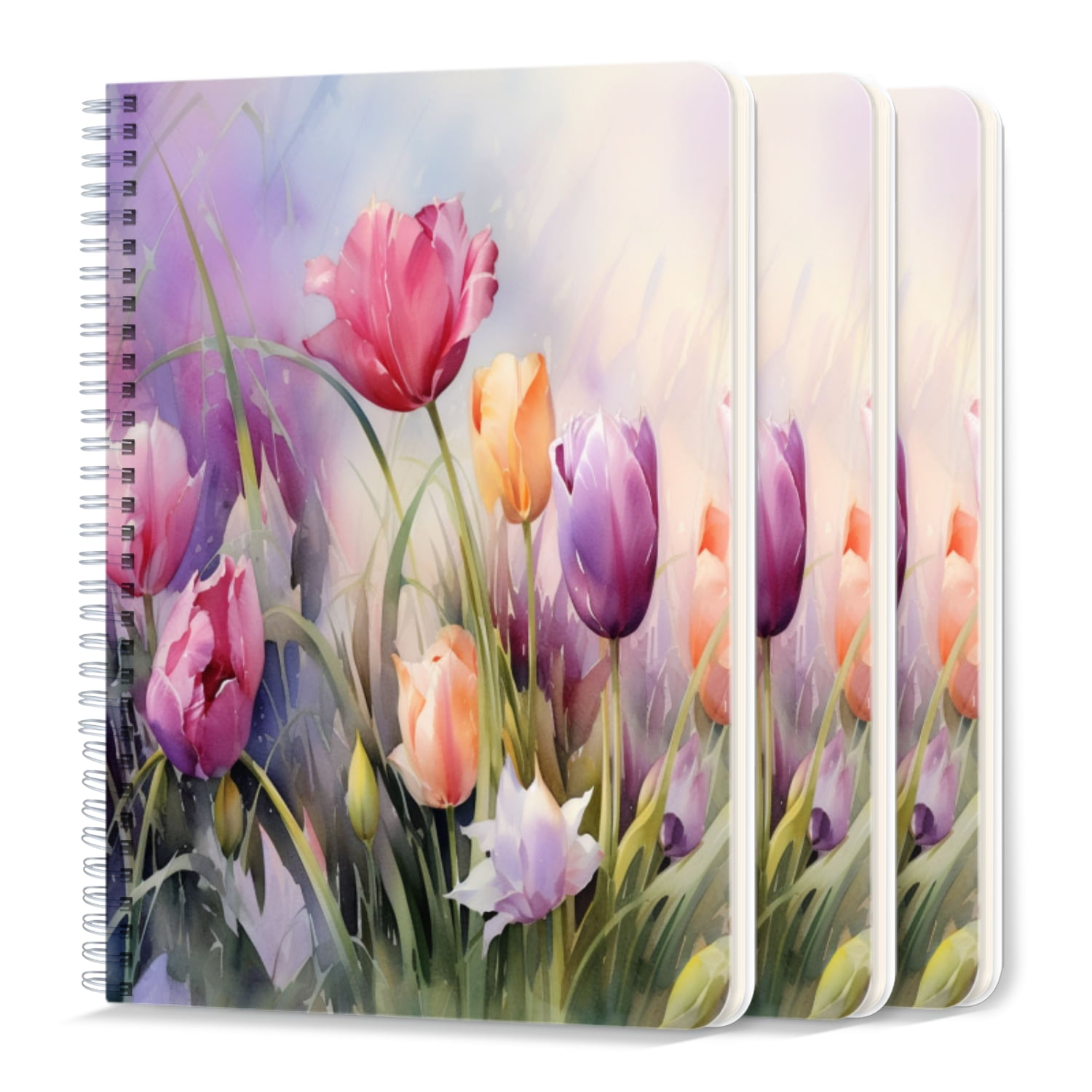 Spiral Notebook,College Ruled Journal,8.26" x 5.71" 50 Sheets/100 Pages,3 Pack - Tulips in Meadow With Pastel Colors Soft Lighting