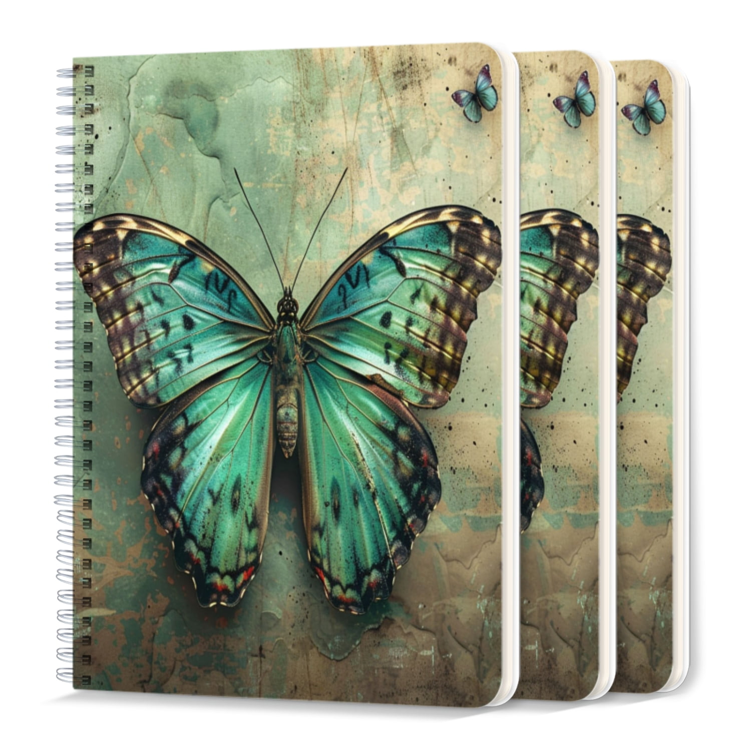 Spiral Notebook,College Ruled Journal,8.26" x 5.71" 50 Sheets/100 Pages,3 Pack - Turquoise Butterfly With Brown Wings on Aged Background