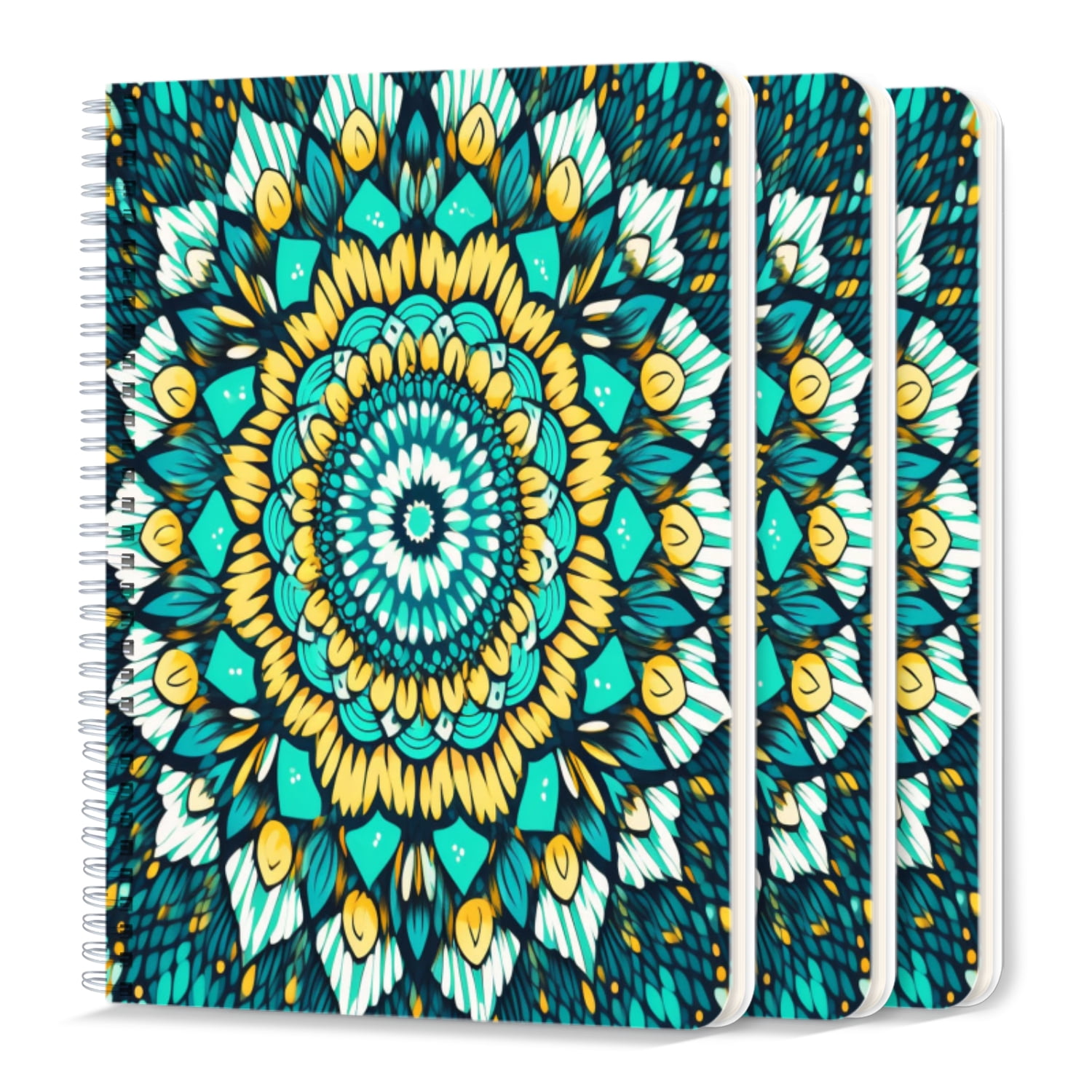 Spiral Notebook,College Ruled Journal,8.26" x 5.71" 50 Sheets/100 Pages,3 Pack - Vibrant Pattern of Turquoise And White Flowers With Leaves
