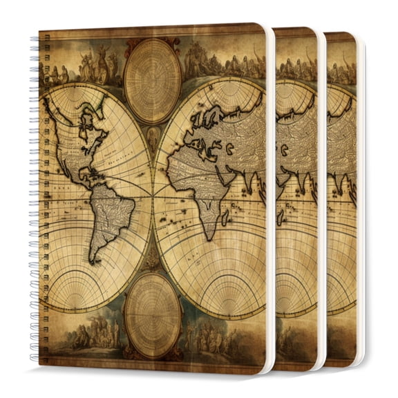 Spiral Notebook,College Ruled Journal,8.26" x 5.71" 50 Sheets/100 Pages,3 Pack - Vintage-Style Map of The World