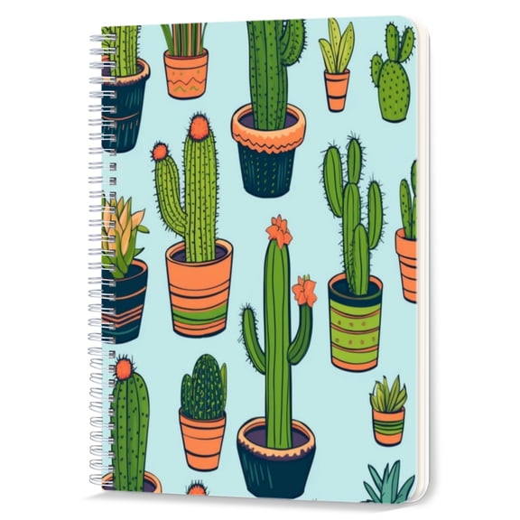 Spiral Notebook,Double-Wire Spiral College Lined Journal Notebook for Study and Notes,100 Pages,5.71x 8.26 in - Adorable Cacti in Pots in Repeating Pattern