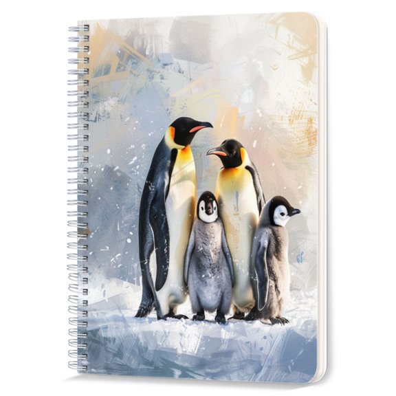 Spiral Notebook,Double-Wire Spiral College Lined Journal Notebook for Study and Notes,100 Pages,5.71x 8.26 in - Adult Penguin with Two Young Penguins in a Frosty Environment