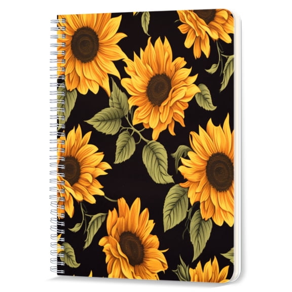 Spiral Notebook,Double-Wire Spiral College Lined Journal Notebook for Study and Notes,100 Pages,5.71x 8.26 in - Alternate Sunflower Pattern on Black for Decoration