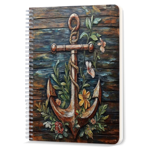 Spiral Notebook,Double-Wire Spiral College Lined Journal Notebook for Study and Notes,100 Pages,5.71x 8.26 in - Anchor with Floral Decor on a Weathered Wood Background