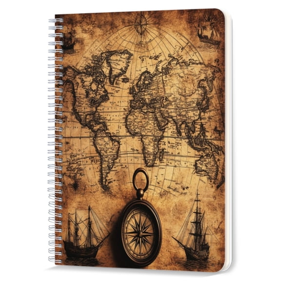 Spiral Notebook,Double-Wire Spiral College Lined Journal Notebook for Study and Notes,100 Pages,5.71x 8.26 in - Antique World Map with Compasses and Sailing Ships