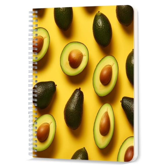 Spiral Notebook,Double-Wire Spiral College Lined Journal Notebook for Study and Notes,100 Pages,5.71x 8.26 in - Avocados and Halved Avocados on Yellow Background