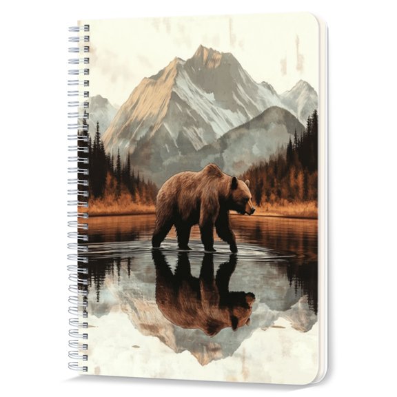 Spiral Notebook,Double-Wire Spiral College Lined Journal Notebook for Study and Notes,100 Pages,5.71x 8.26 in - Bear and the Peaceful Mountain - lake Environment