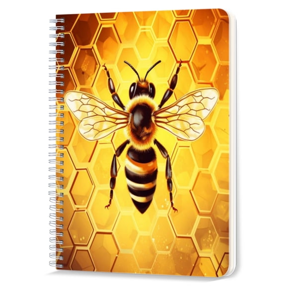 Spiral Notebook,Double-Wire Spiral College Lined Journal Notebook for Study and Notes,100 Pages,5.71x 8.26 in - Bee Centered on Hexagonal Honeycomb Background