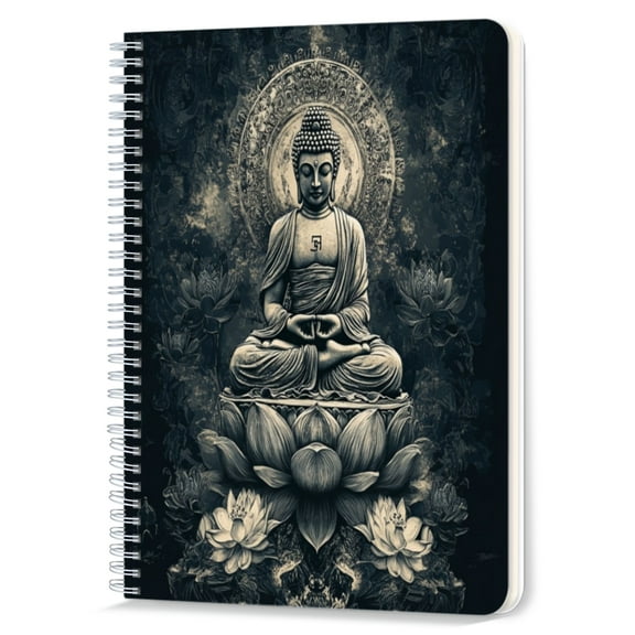 Spiral Notebook,Double-Wire Spiral College Lined Journal Notebook for Study and Notes,100 Pages,5.71x 8.26 in - Black and White Portrait of Buddha in Meditation