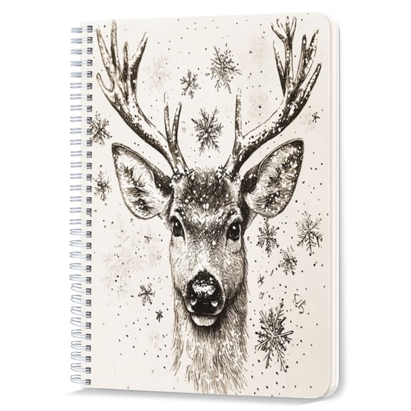 Spiral Notebook,Double-Wire Spiral College Lined Journal Notebook for Study and Notes,100 Pages,5.71x 8.26 in - Black and White Sketch of a Deer Head in Winter