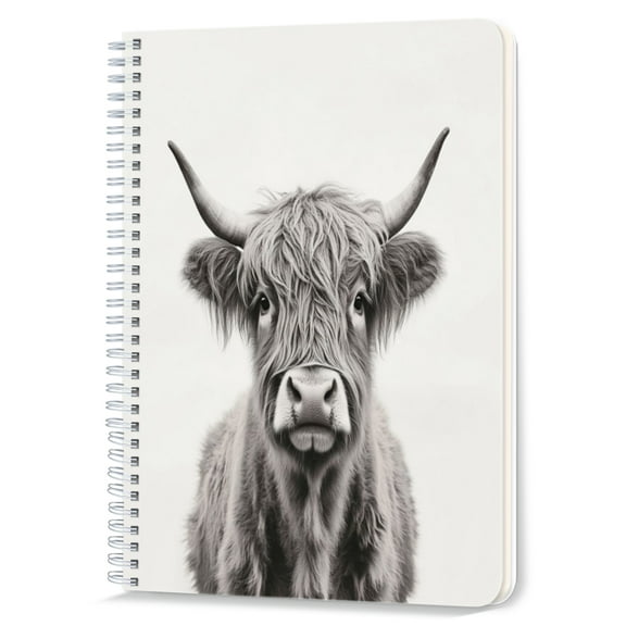 Spiral Notebook,Double-Wire Spiral College Lined Journal Notebook for Study and Notes,100 Pages,5.71x 8.26 in - Black and White Sketch of Highland Cow
