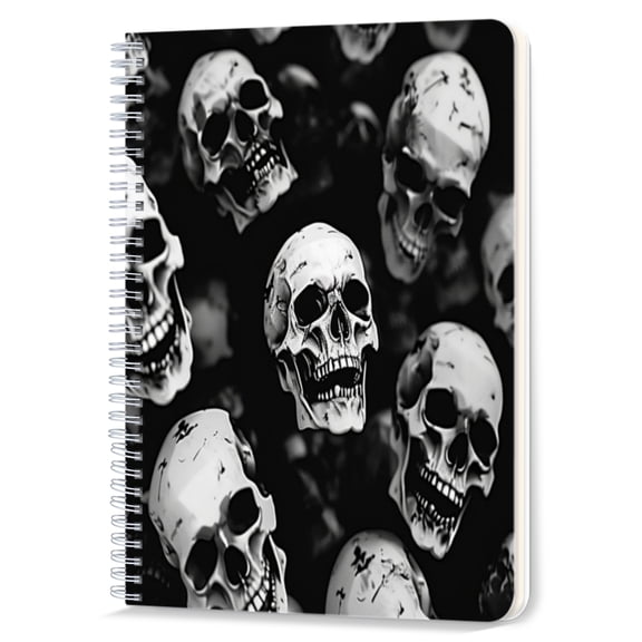 Spiral Notebook,Double-Wire Spiral College Lined Journal Notebook for Study and Notes,100 Pages,5.71x 8.26 in - Black and White Skulls in Mysterious Pattern