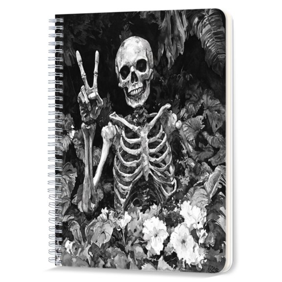 Spiral Notebook,Double-Wire Spiral College Lined Journal Notebook for Study and Notes,100 Pages,5.71x 8.26 in - Black and White Watercolor of a Skull in Plants