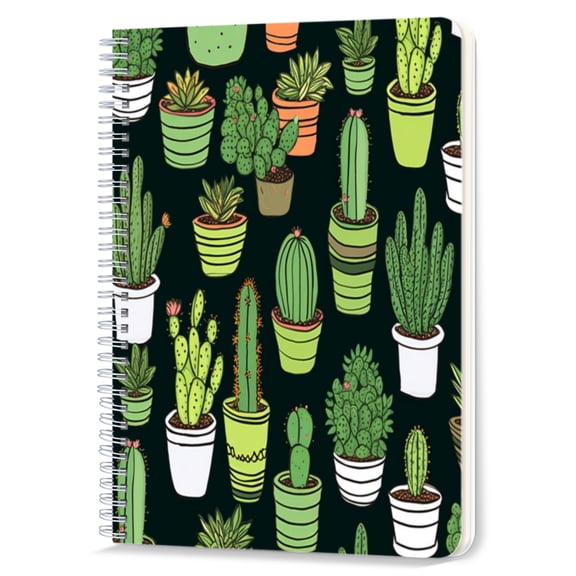 Spiral Notebook,Double-Wire Spiral College Lined Journal Notebook for Study and Notes,100 Pages,5.71x 8.26 in - Black - background Pattern of Cacti and Succulents in Pots