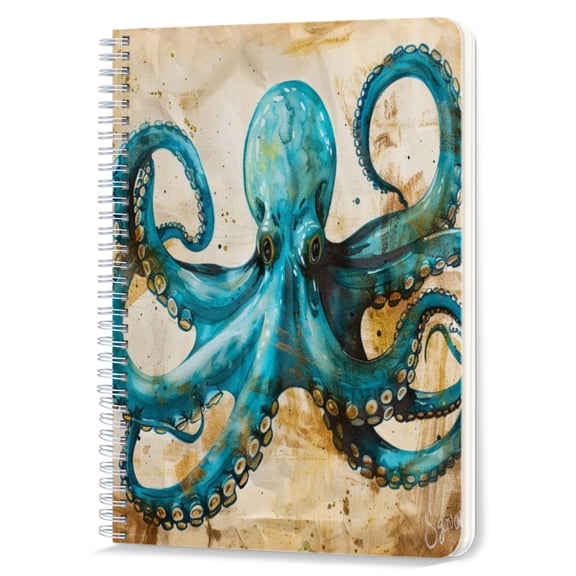 Spiral Notebook,Double-Wire Spiral College Lined Journal Notebook for Study and Notes,100 Pages,5.71x 8.26 in - Blue Octopus Displaying Its Tentacles on a Stained Background