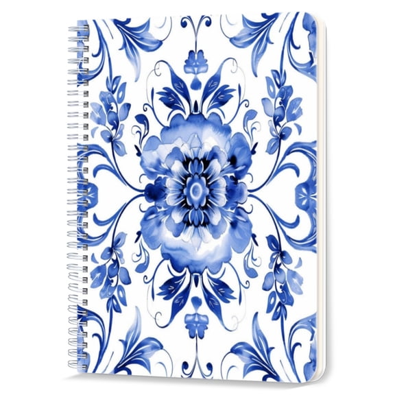 Spiral Notebook,Double-Wire Spiral College Lined Journal Notebook for Study and Notes,100 Pages,5.71x 8.26 in - Blue and White Floral Symmetrical Pattern