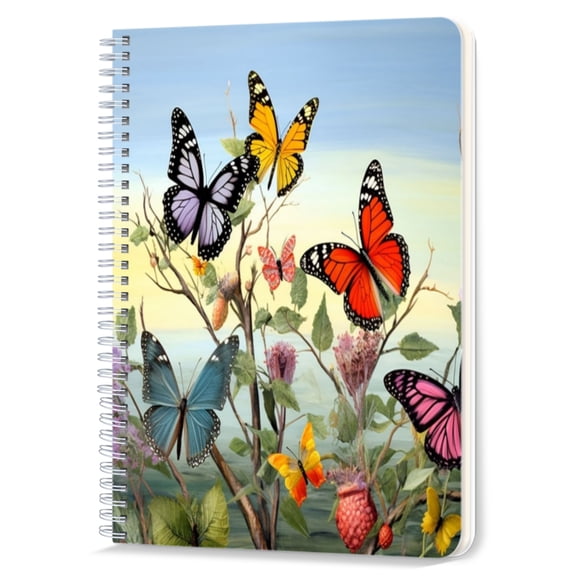 Spiral Notebook,Double-Wire Spiral College Lined Journal Notebook for Study and Notes,100 Pages,5.71x 8.26 in - Butterflies and Flowers in Lush and Colorful Landscape