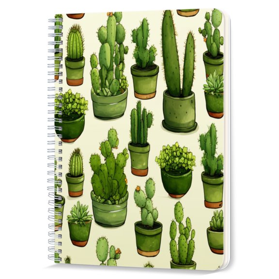 Spiral Notebook,Double-Wire Spiral College Lined Journal Notebook for Study and Notes,100 Pages,5.71x 8.26 in - Cactus - themed Pattern on a Beige Background