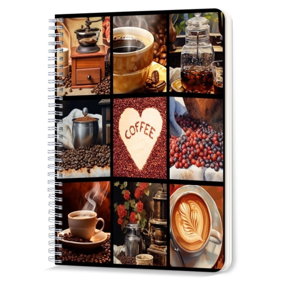 Spiral Notebook,Double-Wire Spiral College Lined Journal Notebook for Study and Notes,100 Pages,5.71x 8.26 in - A Charming Collage of Coffee inspired Pictures
