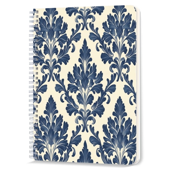 Spiral Notebook,Double-Wire Spiral College Lined Journal Notebook for Study and Notes,100 Pages,5.71x 8.26 in - Classic Blue and White Floral Damask Pattern