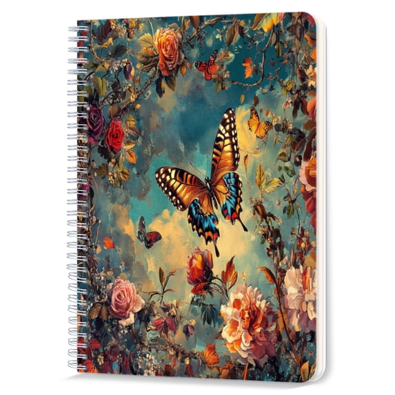 Spiral Notebook,Double-Wire Spiral College Lined Journal Notebook for Study and Notes,100 Pages,5.71x 8.26 in - Colorful Butterfly amidst a Floral Tapestry