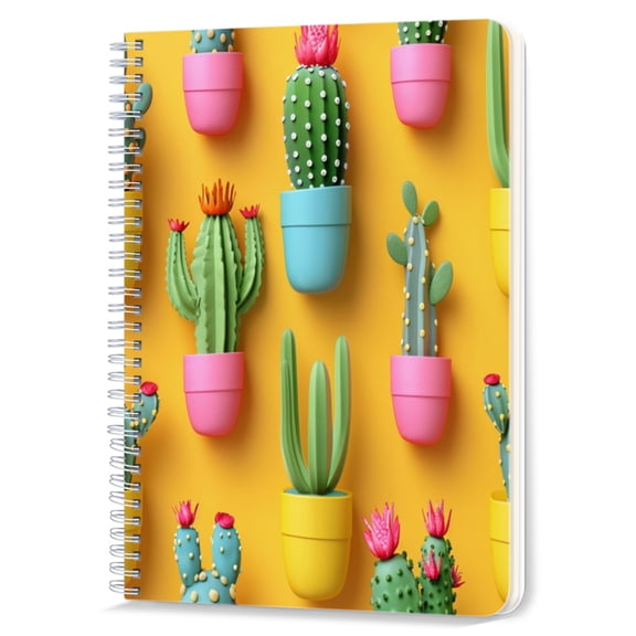 Spiral Notebook,Double-Wire Spiral College Lined Journal Notebook for Study and Notes,100 Pages,5.71x 8.26 in - Colorful Cacti in Playful Pots on a Sunny Background