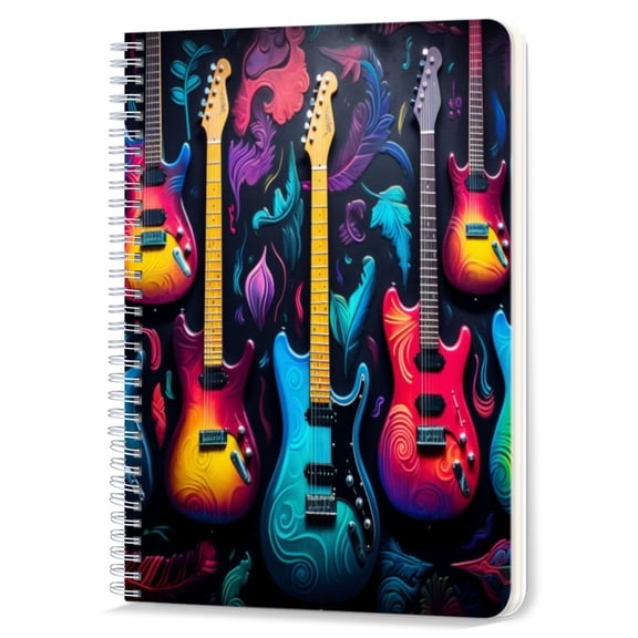 Spiral Notebook,Double-Wire Spiral College Lined Journal Notebook for Study and Notes,100 Pages,5.71x 8.26 in - Colorful Electric Guitars Displayed Against an Artistic Background