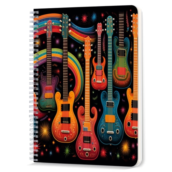 Spiral Notebook,Double-Wire Spiral College Lined Journal Notebook for Study and Notes,100 Pages,5.71x 8.26 in - Colorful Electric Guitars against a Starry - rainbow Background